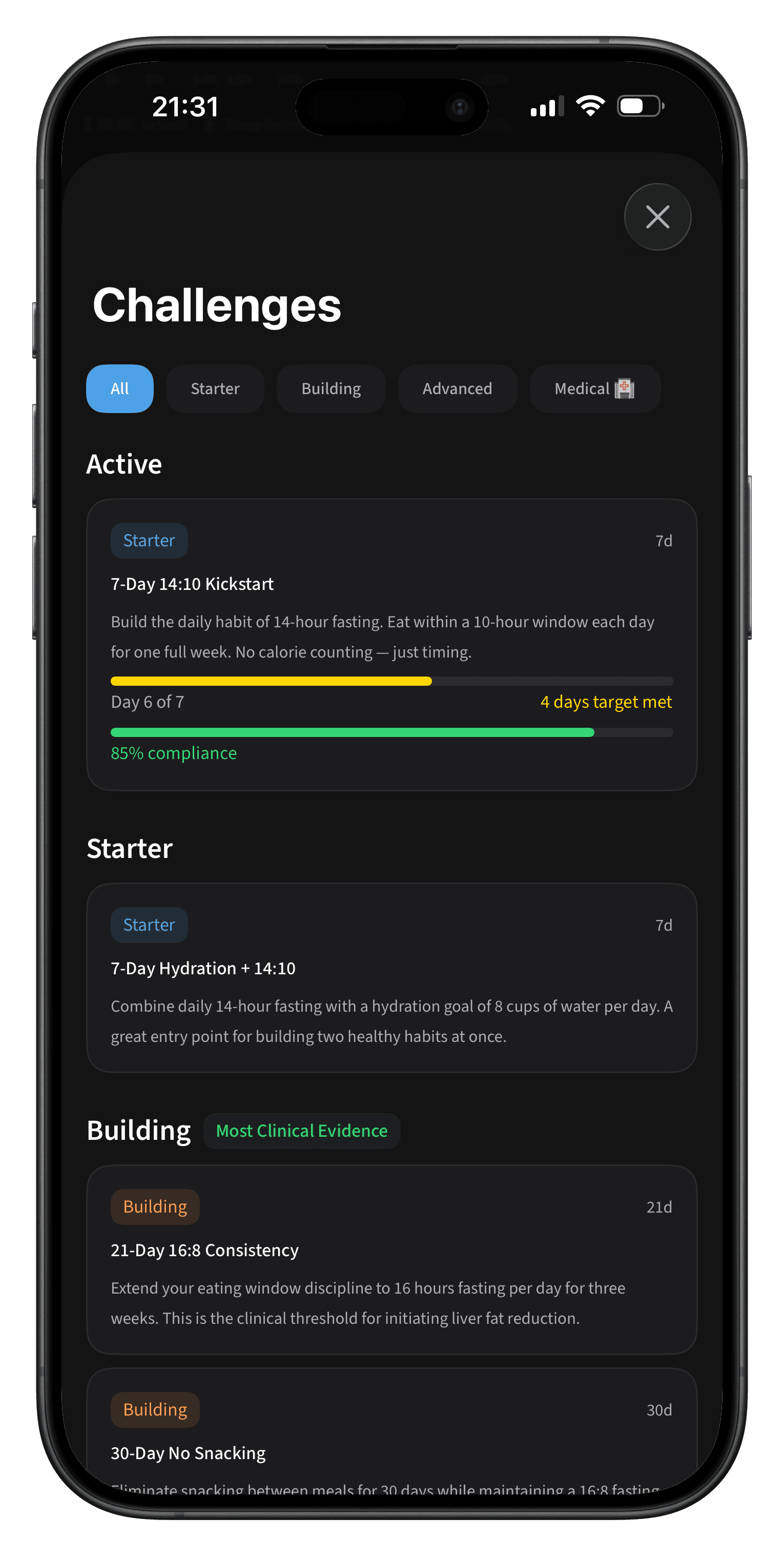 Fasting challenges screen