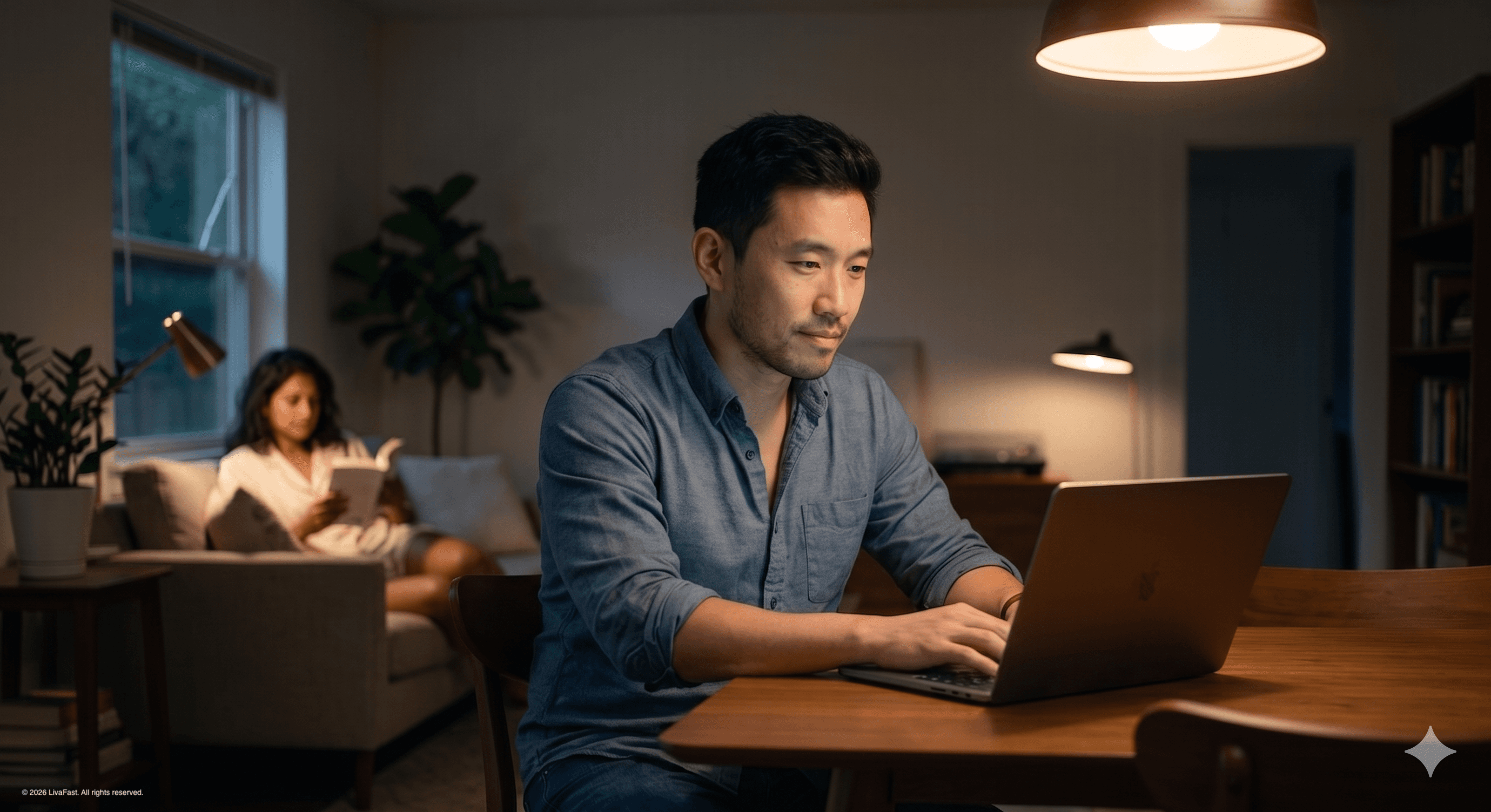 Mark at the dining table late at night in his slate-blue button-down, MacBook open to a hepatology paper on alcohol and MASLD, Priya reading softly on the couch in the background under a warm lamp.