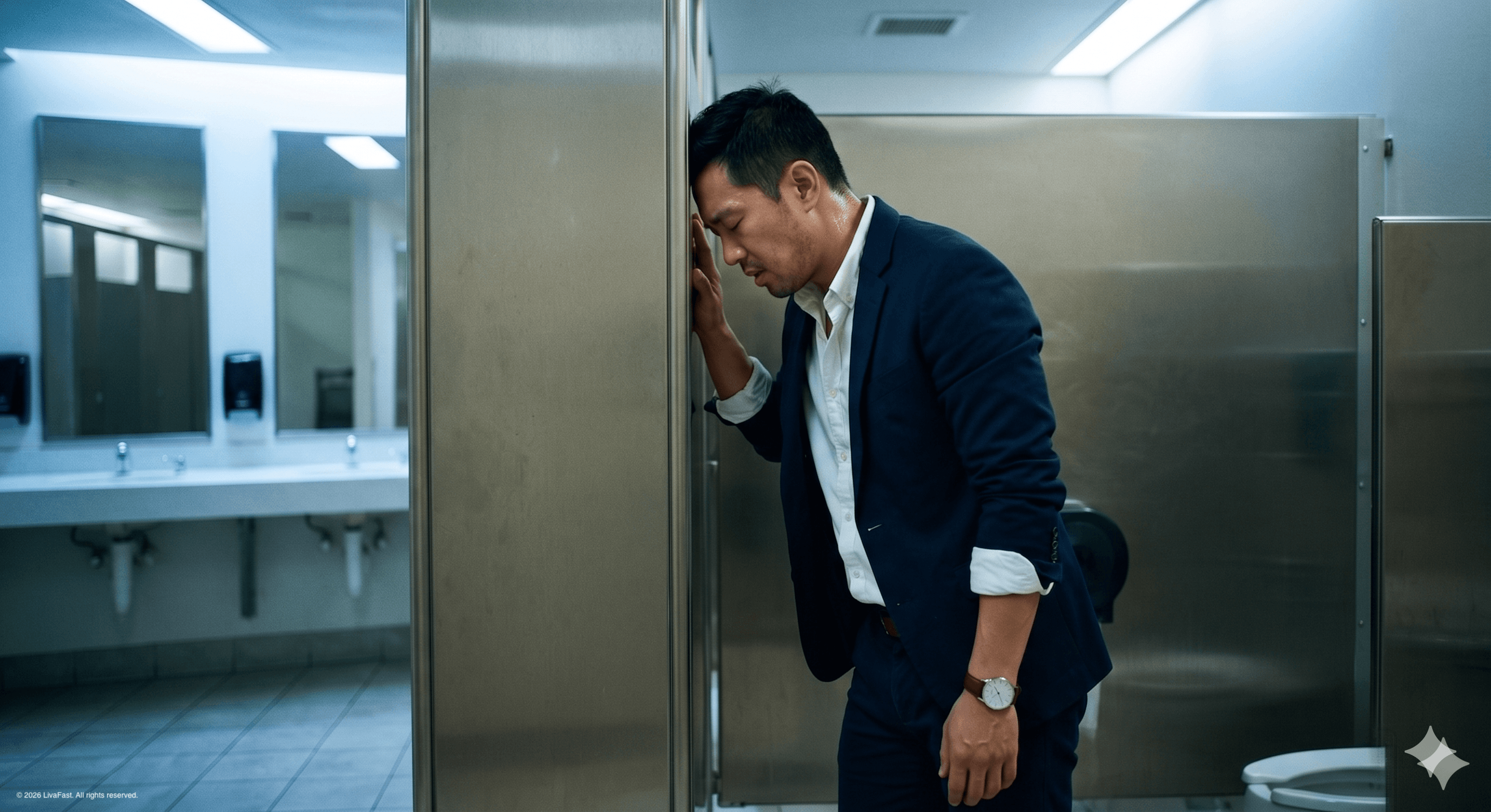 Mark in a corporate bathroom stall after the pitch, navy blazer rumpled, forehead pressed against the cold beige metal divider as he tries to slow his racing heart.