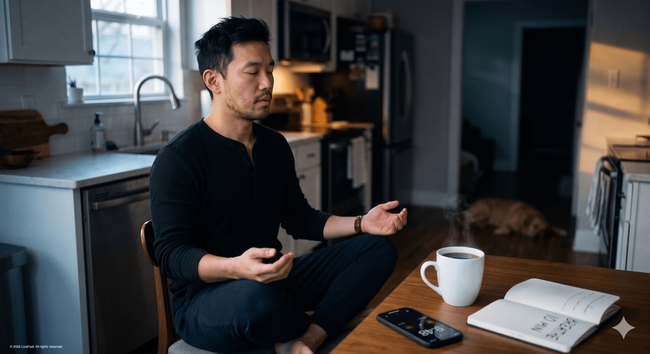Mark at his Austin kitchen table at dawn in a black thermal henley, eyes closed in mid-exhale of a six-in eight-out breathing practice, coffee steaming and a 10-minute timer counting down.