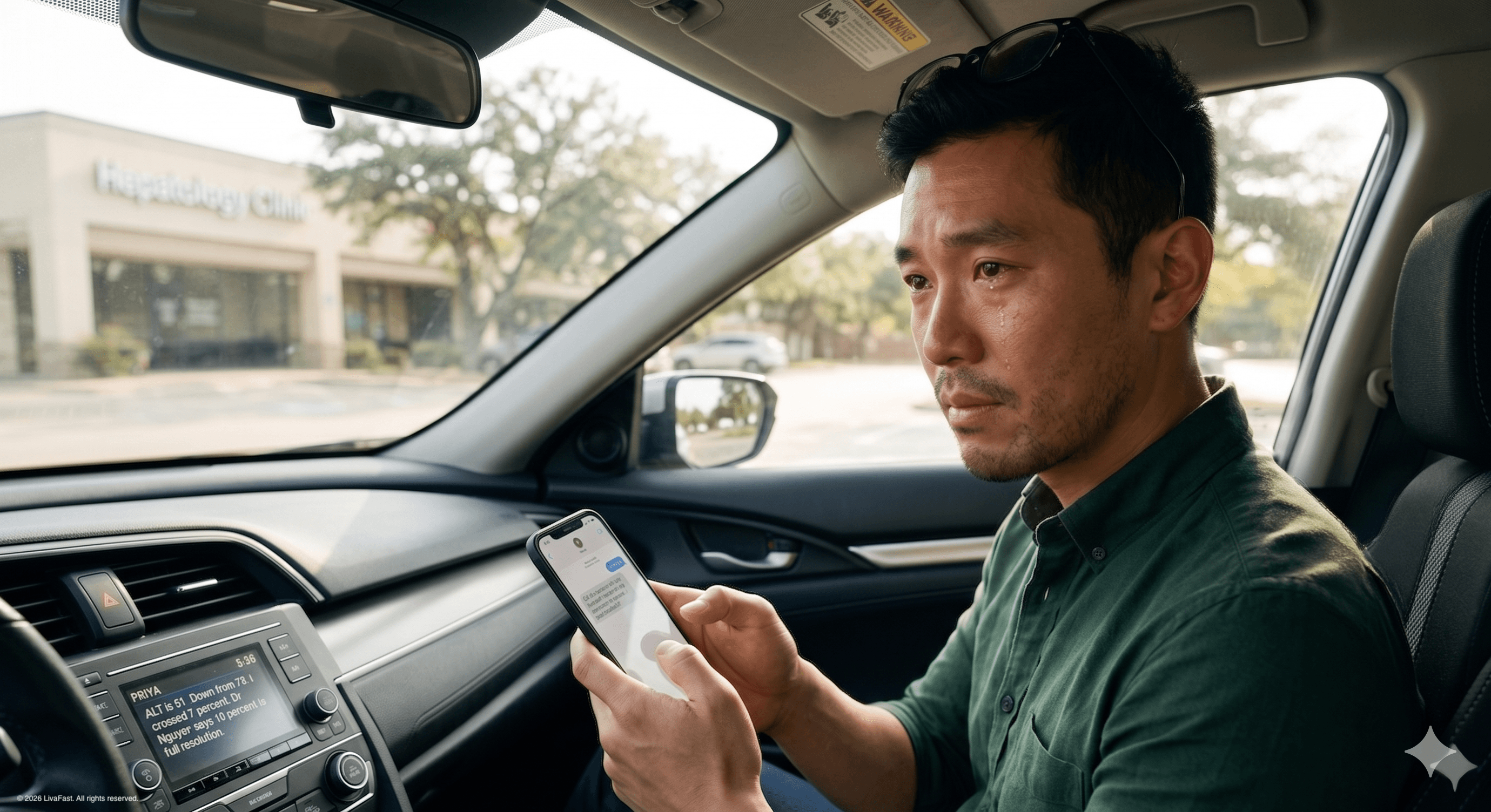 Mark sitting in his silver Honda Civic in the hepatology clinic parking lot, eyes brimming, holding his iPhone mid-text to Priya with the message about crossing 7 percent visible on screen.