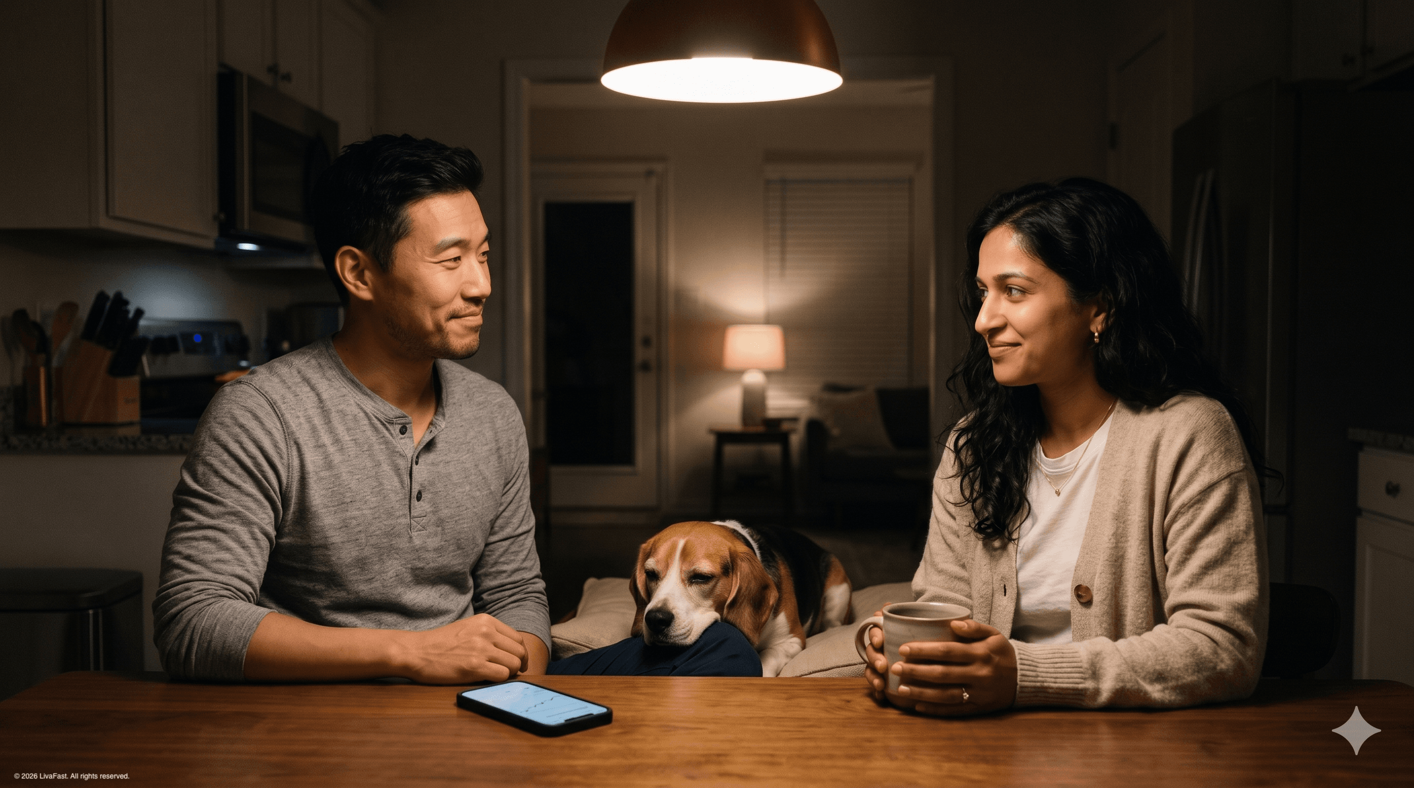 Mark and Priya at the warm-lit kitchen table at night, his iPhone showing the climbing 12-week Liver Progress Score, Biscuit the beagle resting his head on Mark's thigh.