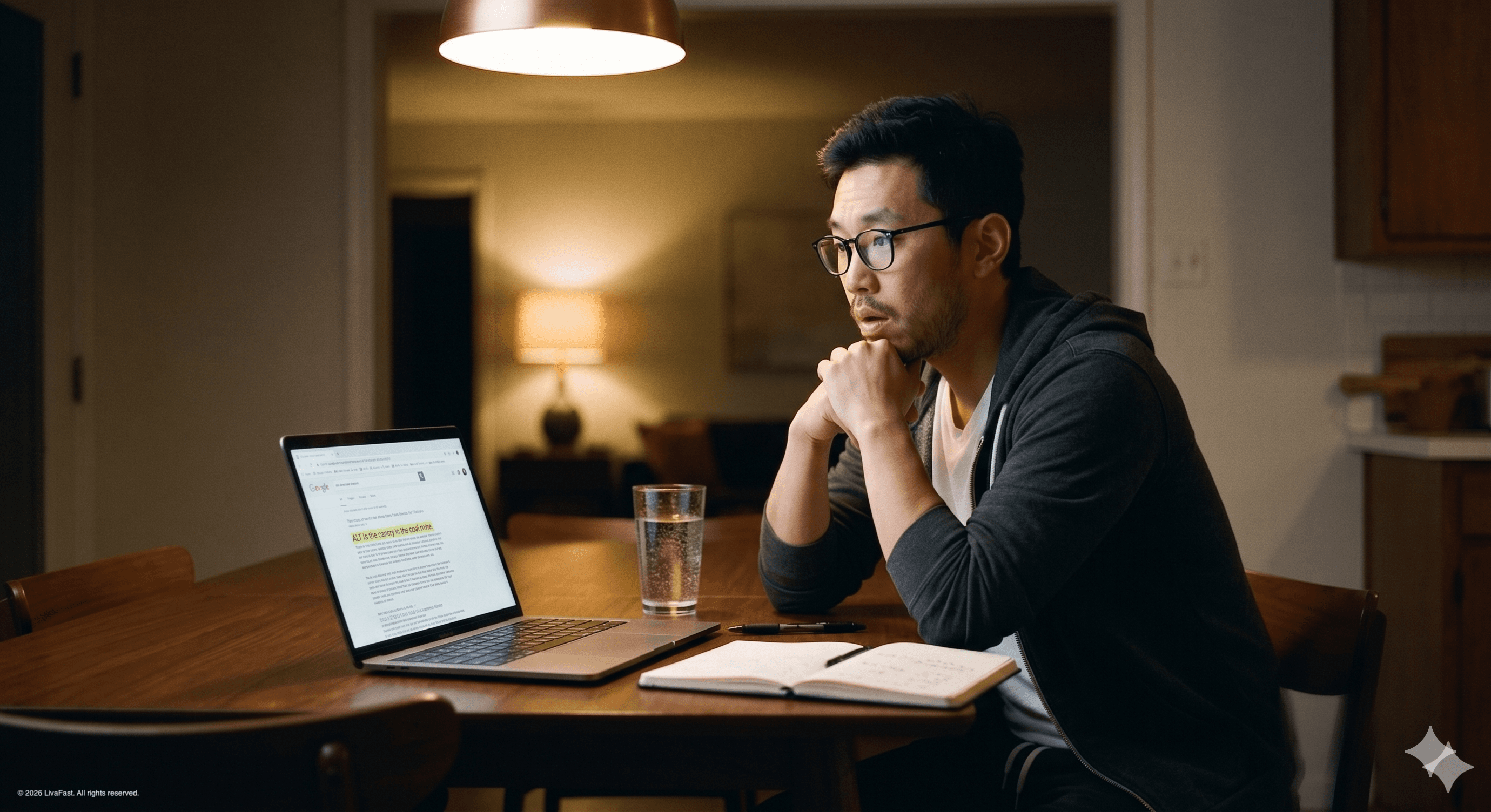 Mark at his kitchen table late evening in a charcoal hoodie, leaning forward over his laptop while the sentence 'ALT is the canary in the coal mine' is highlighted on screen, a notebook of handwritten lab values beside him.