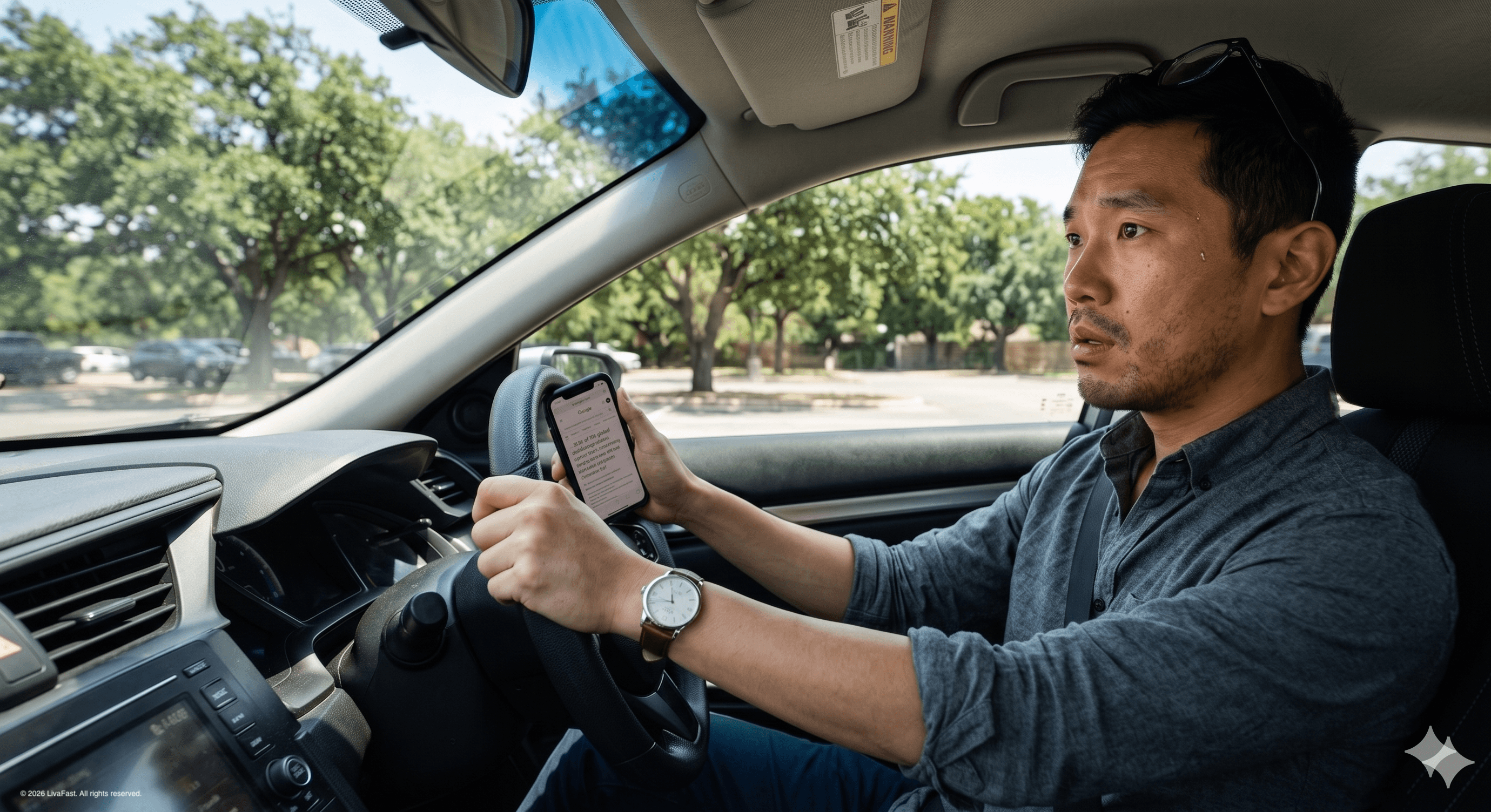 Mark sitting in his parked Honda Civic in the Austin medical center lot, both hands on the wheel, processing the 38% statistic on his phone.