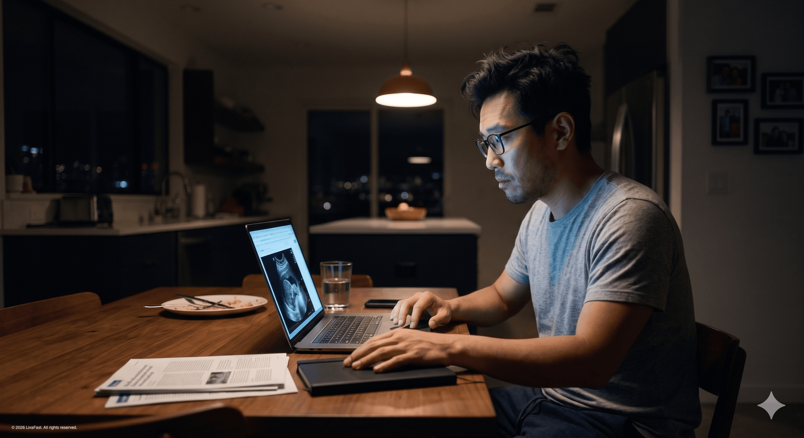 Mark at his kitchen table late at night, laptop glowing pale blue against a single warm pendant light, 37 browser tabs open.