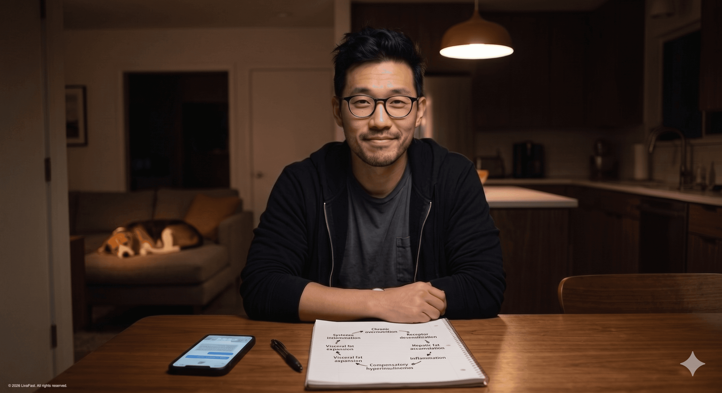 Mark at the kitchen table at night with his open laptop and notebook, drawing the ten-step insulin resistance cycle diagram while Biscuit sleeps on the couch in the background.
