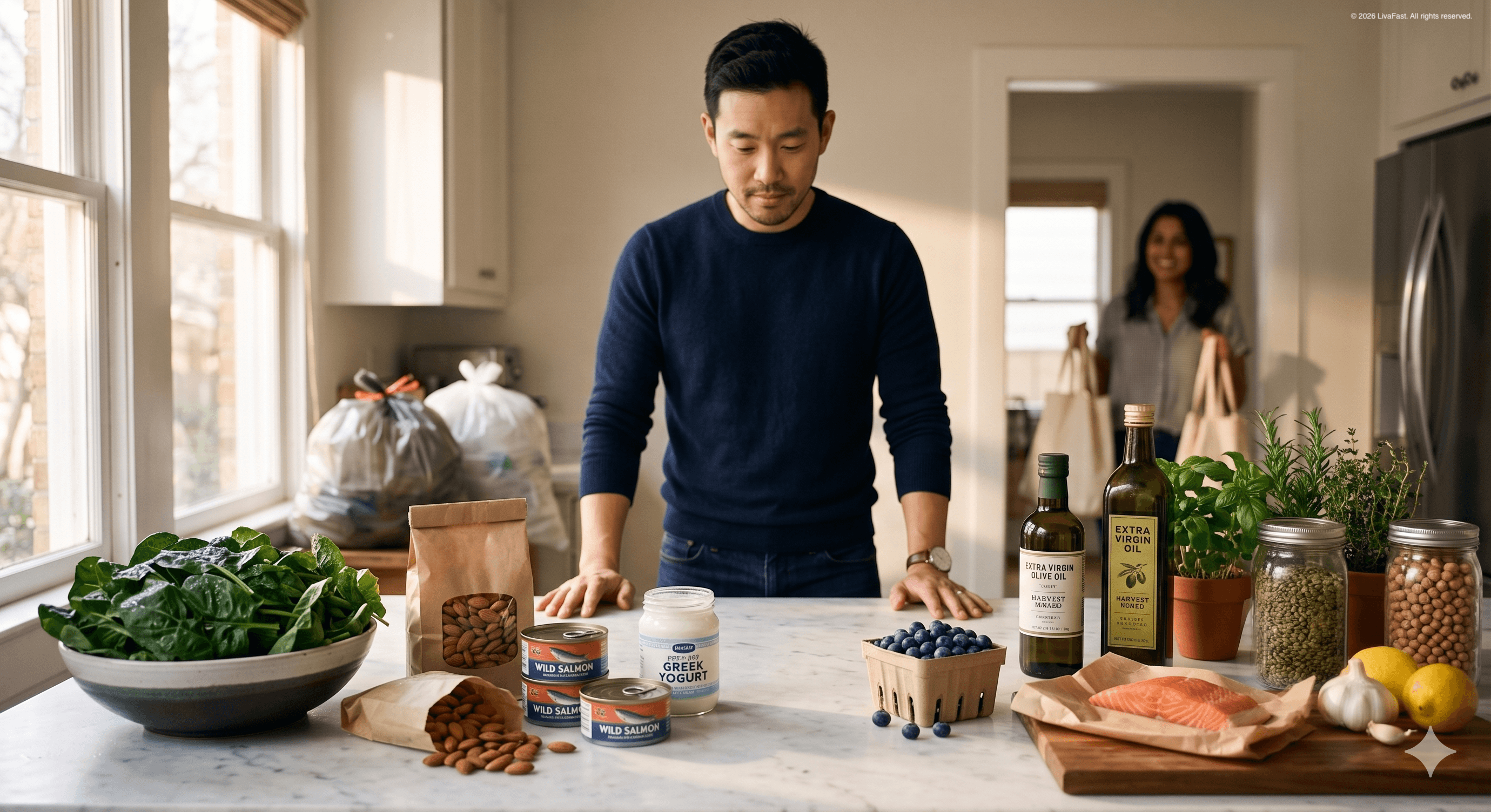 Mark stands behind the Chen family's sunlit marble kitchen counter at noon, hands flat on the surface, surveying a Mediterranean still-life of leafy greens, raw almonds, wild salmon, Greek yogurt, blueberries, olive oil, lentils, chickpeas, and fresh herbs.
