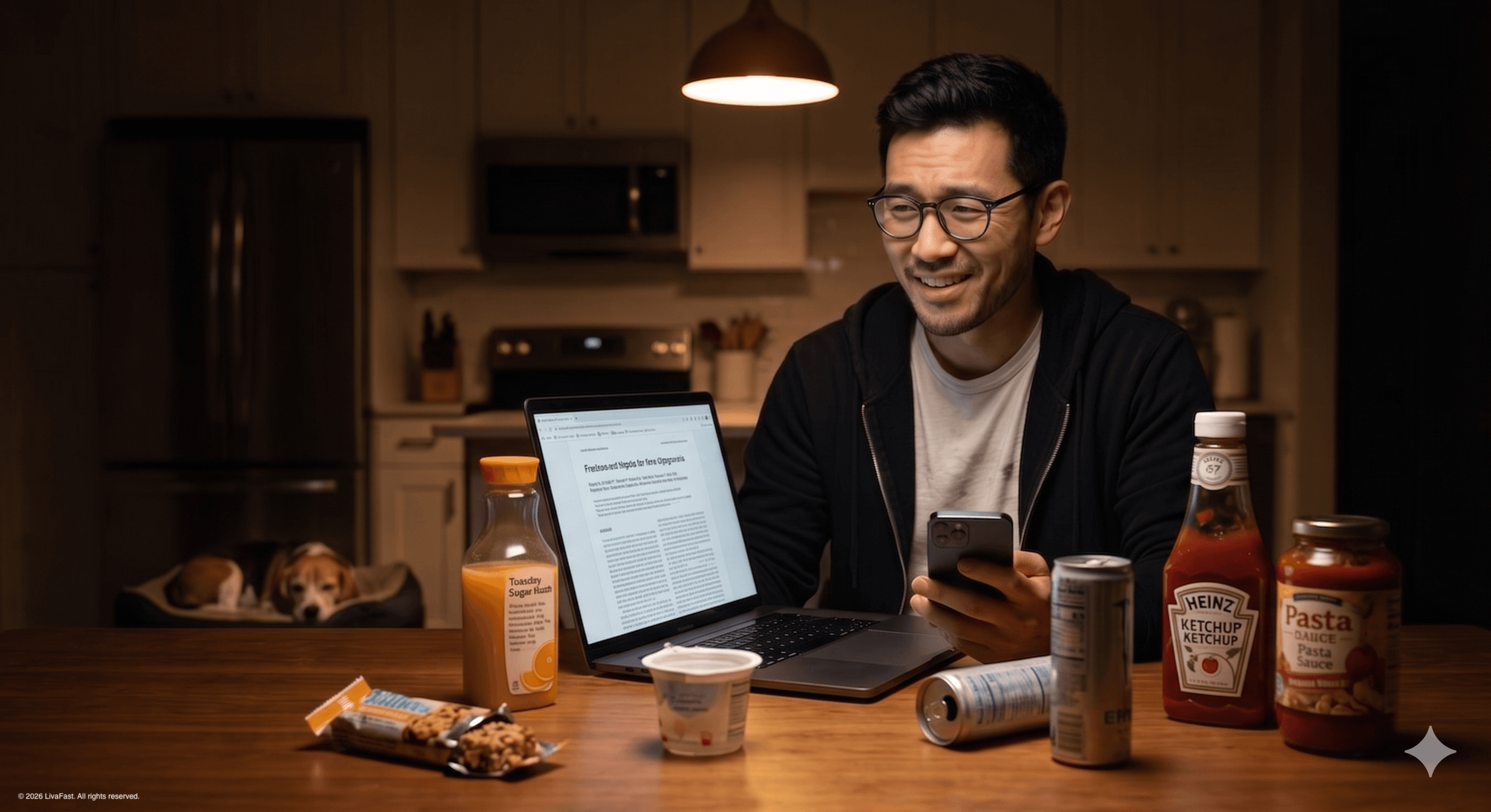 Mark at the kitchen dining table at night, laptop open to a fructose research paper and iPhone showing his Tuesday Sugar Audit totaling 122 grams, food labels spread across the table like evidence, Biscuit dozing nearby.