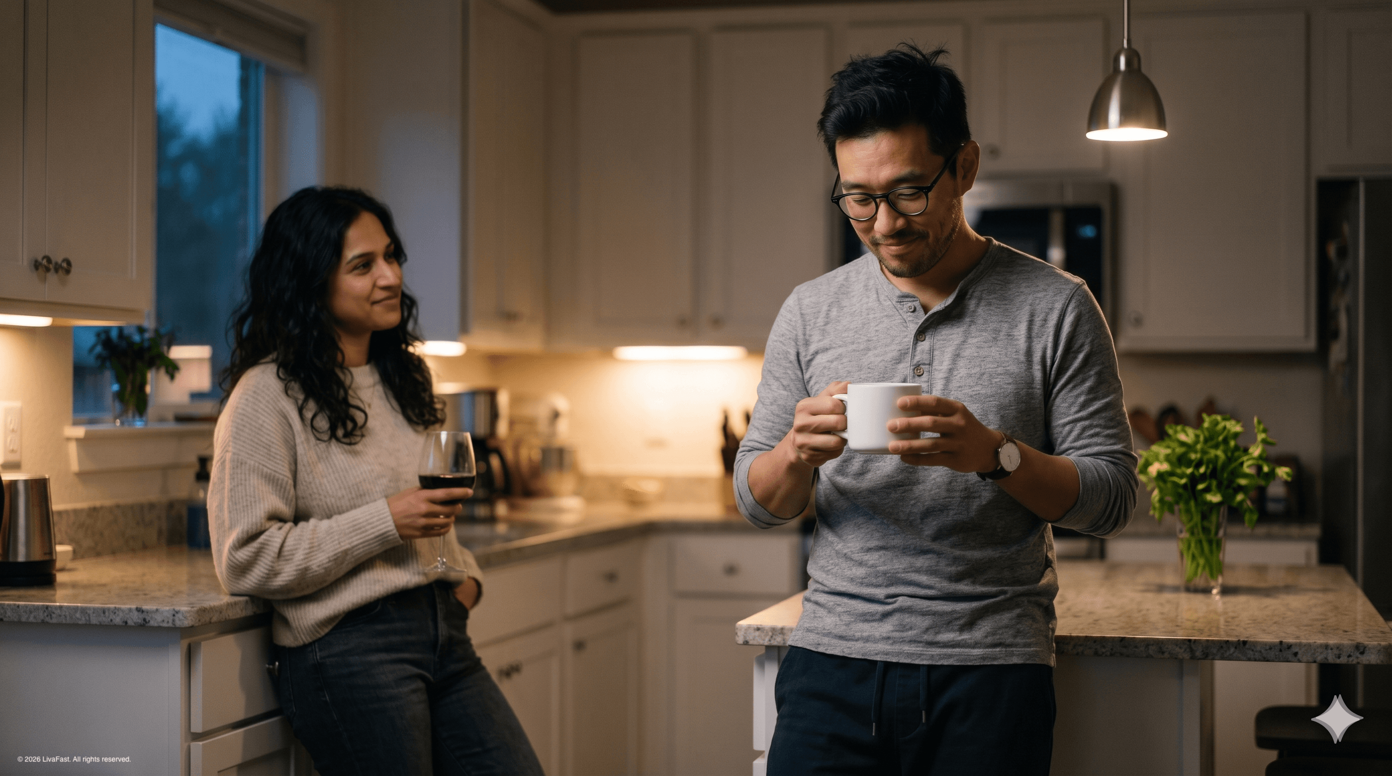 Mark in his Austin kitchen in the evening, cradling a white ceramic coffee mug with quiet, fond reverence while Priya leans against the counter with a glass of red wine, watching him with an affectionate amused smile.