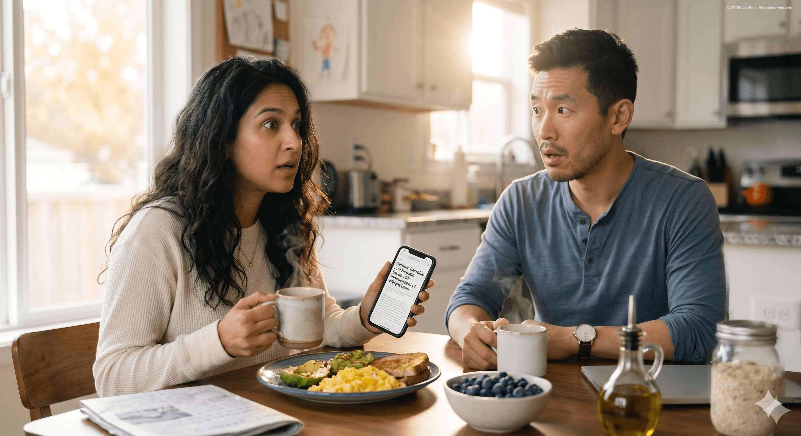 Priya at the Saturday breakfast nook turning her phone toward Mark, the screen showing a research abstract on aerobic exercise and liver fat as Mark sets down his coffee mug.
