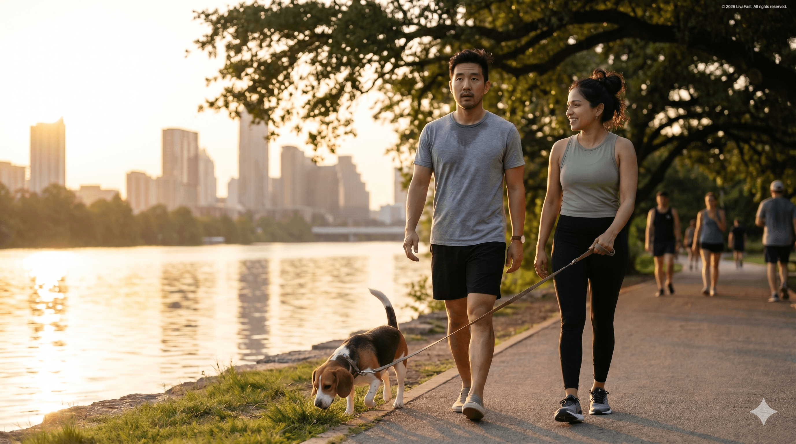 Mark, Priya, and Biscuit walking the Lady Bird Lake trail at golden hour, Mark's face calm as the Austin skyline glows across the water.