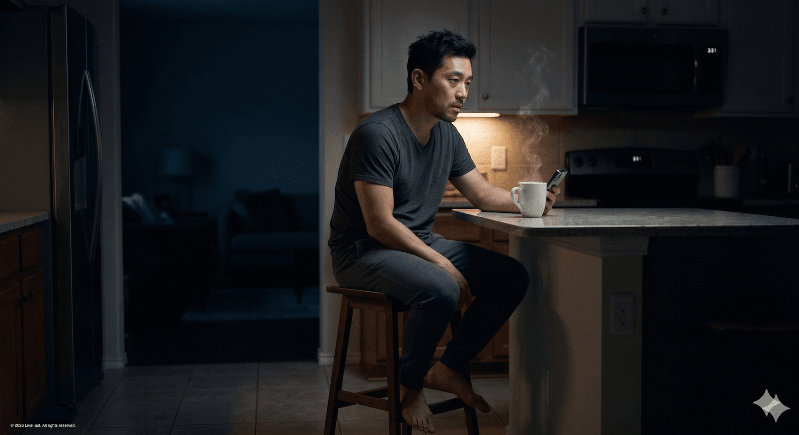 Mark at the kitchen island at 3:31 AM in a charcoal sleep shirt, hunched over a steaming chamomile mug with his iPhone showing a sleep medicine journal abstract on NAFLD risk.