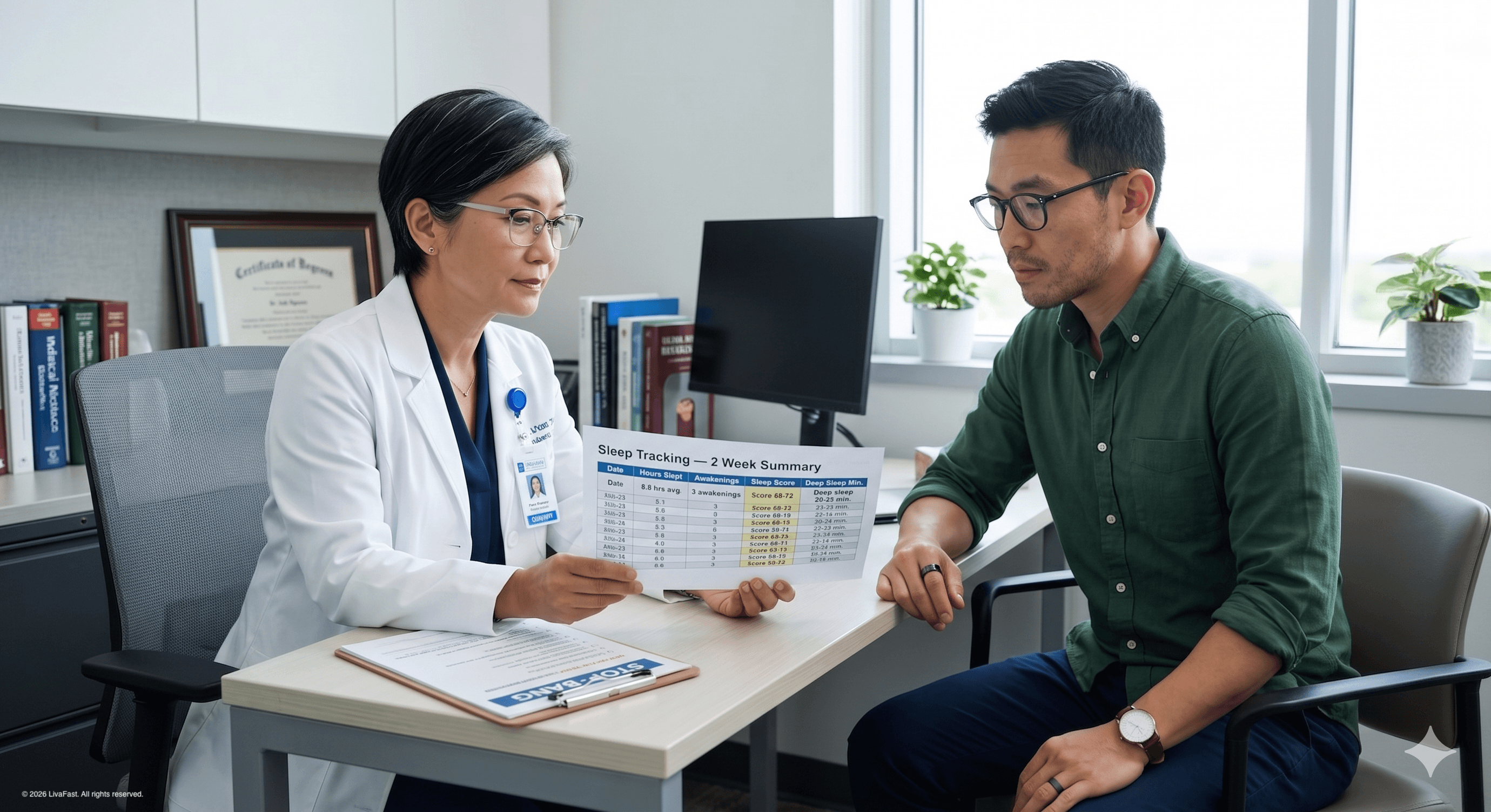 Dr. Nguyen in her Austin hepatology office holding Mark's two-week sleep tracking printout while Mark, in a forest-green button-down with his Oura ring visible, leans forward across the desk.
