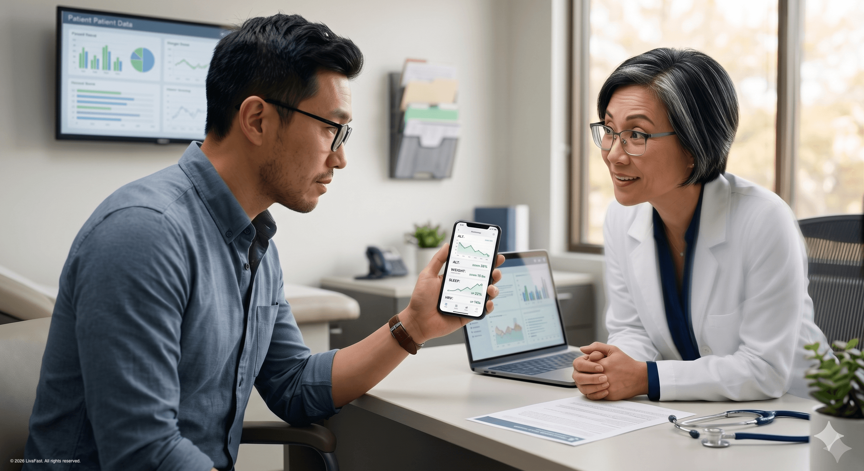 Dr. Nguyen leaning across her desk toward Mark's iPhone in the hepatology exam room, her expression shifting from clinical to genuinely interested as she sees his tracking-app dashboard.