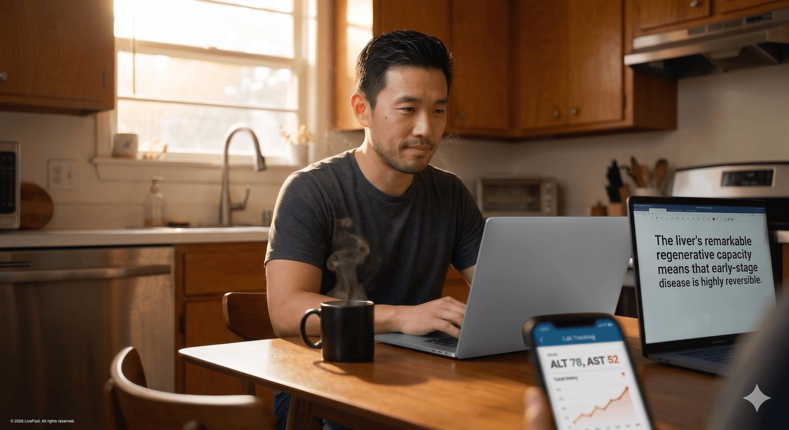 Mark, showered and clear-eyed, at the same kitchen table in warm Austin morning light, reading the hepatology line about reversibility on his laptop with a fresh mug of coffee steaming beside him.