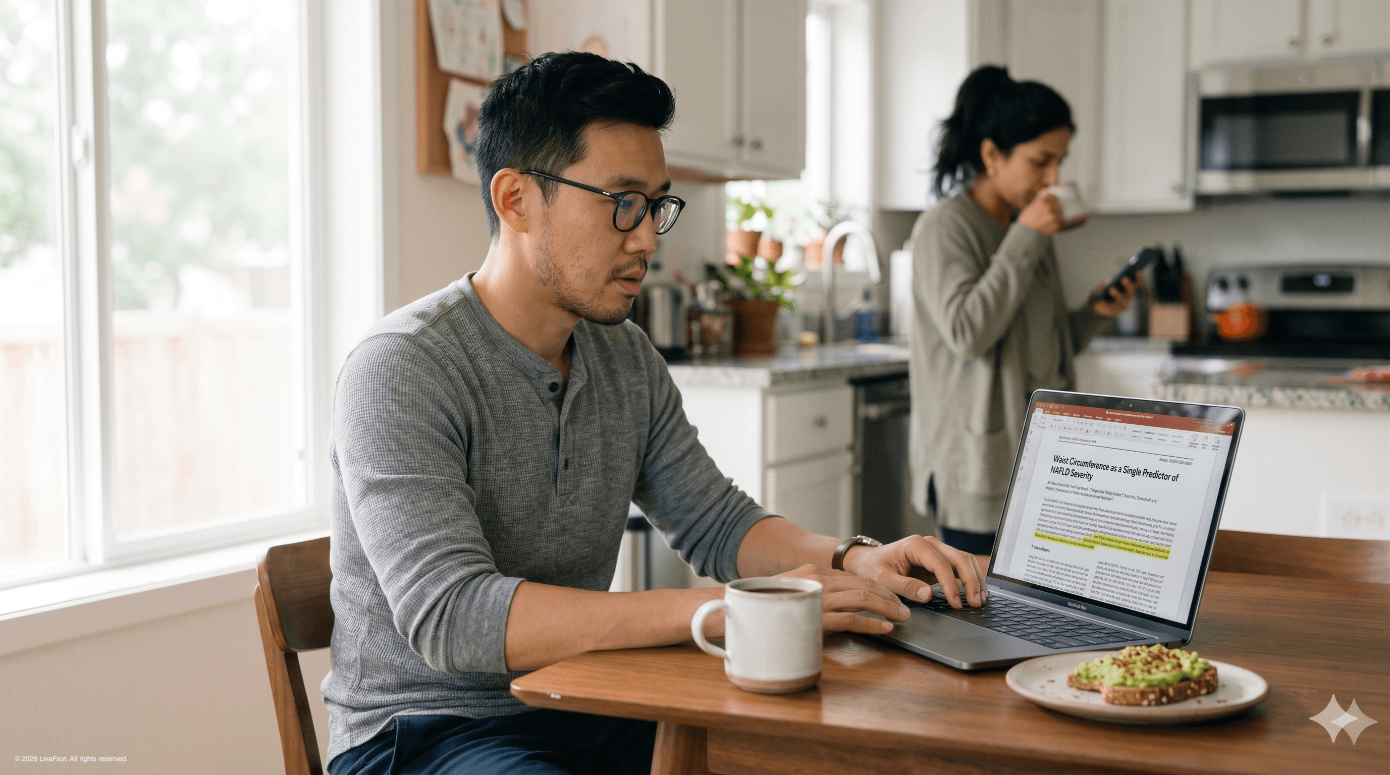 Mark at the dining table on a Saturday morning, reading a research paper on waist circumference and NAFLD on his laptop while Priya stands softly out of focus at the kitchen counter.
