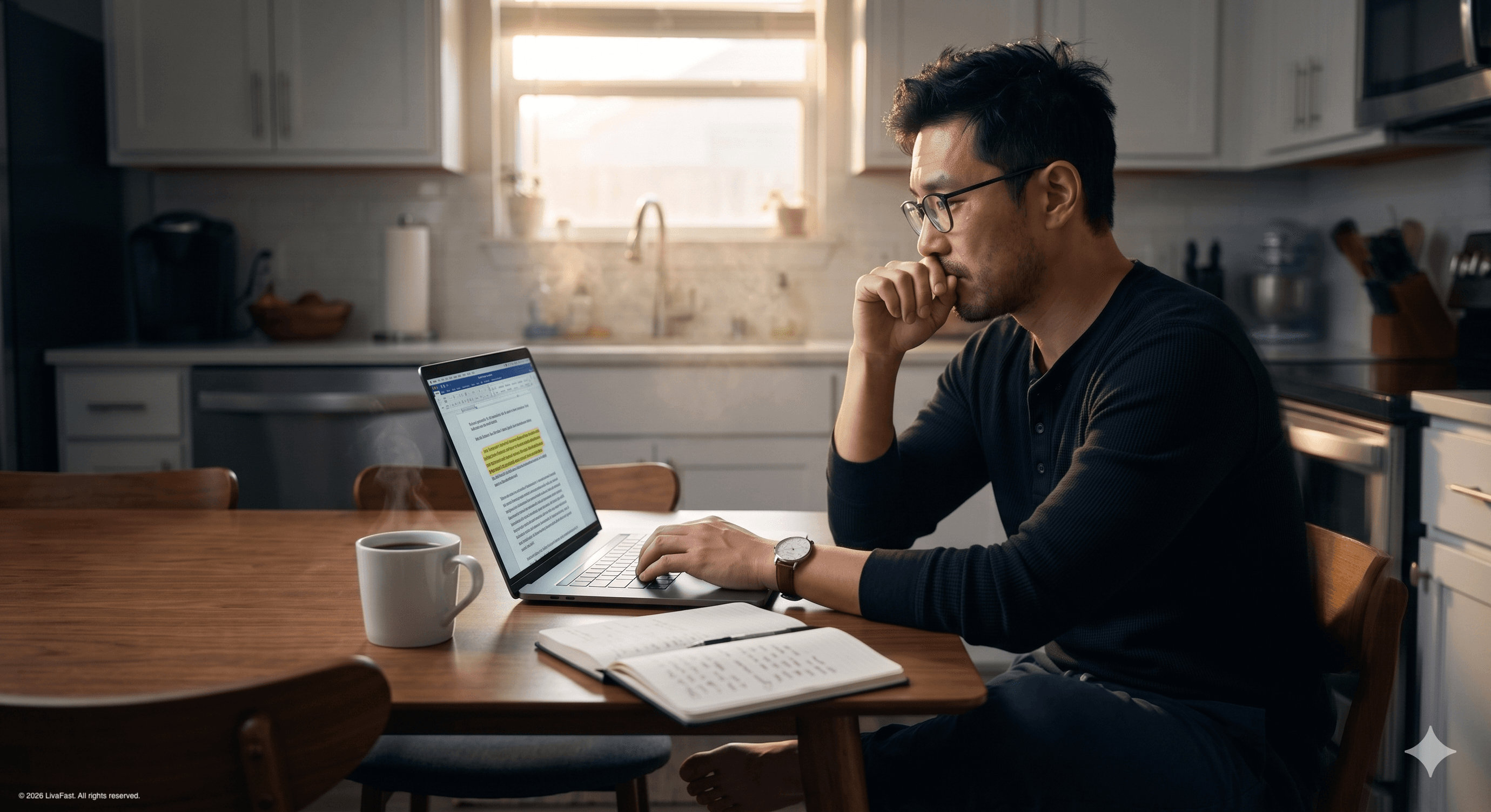 Mark at the kitchen table at dawn reading a self-compassion research paper on his MacBook, eyes wet with quiet recognition, notebook open beside a steaming mug of black coffee.