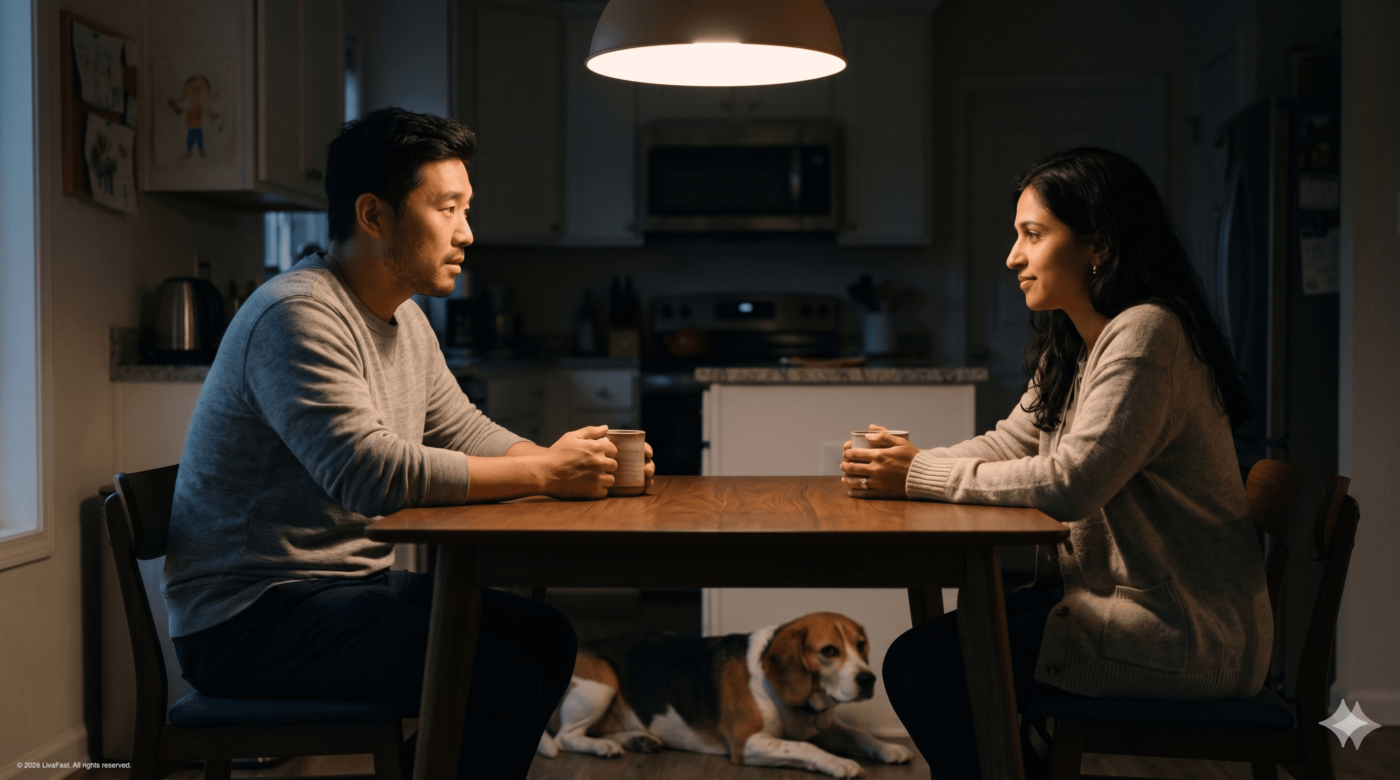 Mark and Priya at the warmly lit kitchen table in the evening, both cradling mugs of tea, talking honestly about therapy, with Biscuit the beagle resting between their chairs.