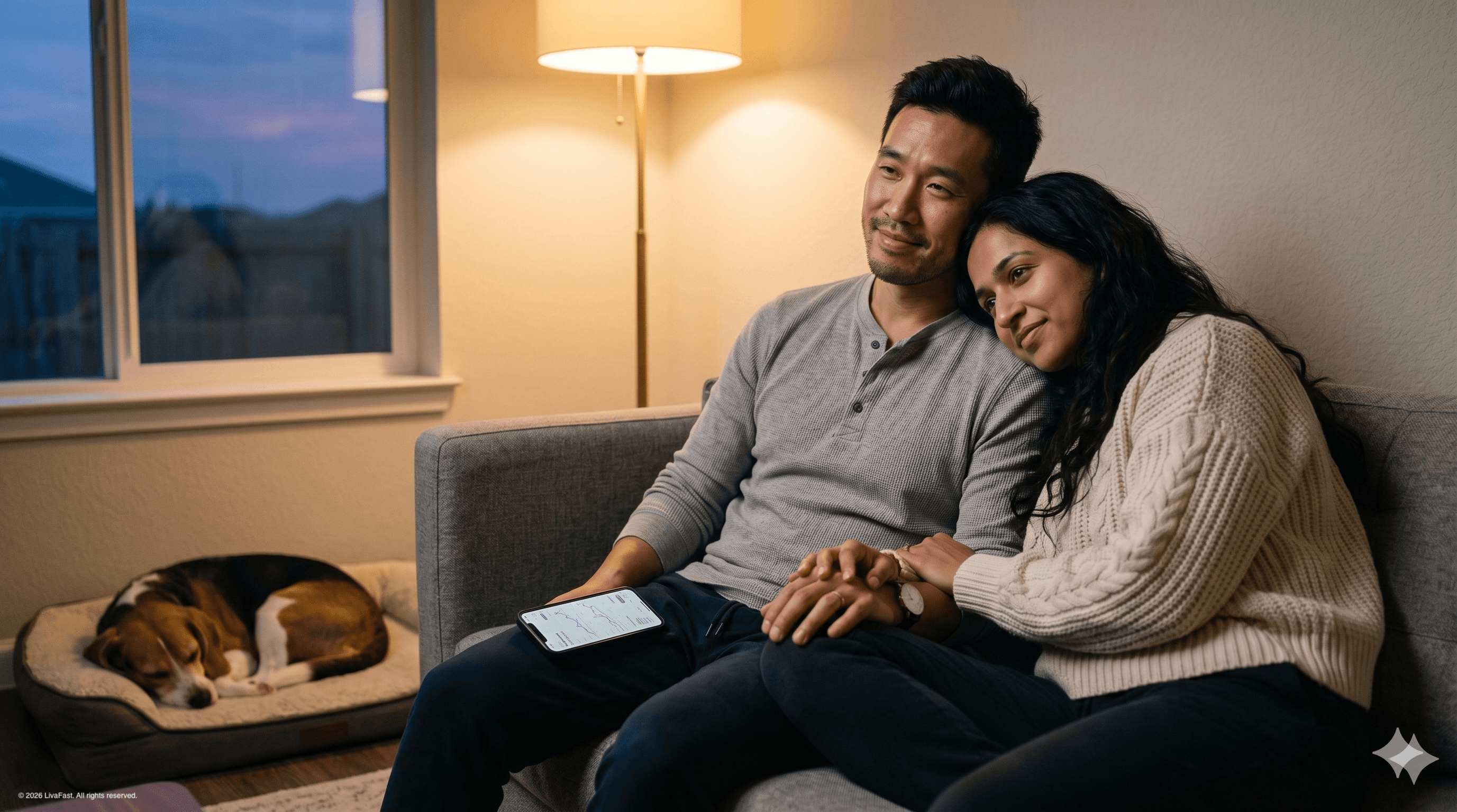 Mark and Priya sit close on the grey sofa in the dim warm lamp light of their Austin living room, his phone showing the app's trend lines, Biscuit curled asleep on a dog bed nearby.