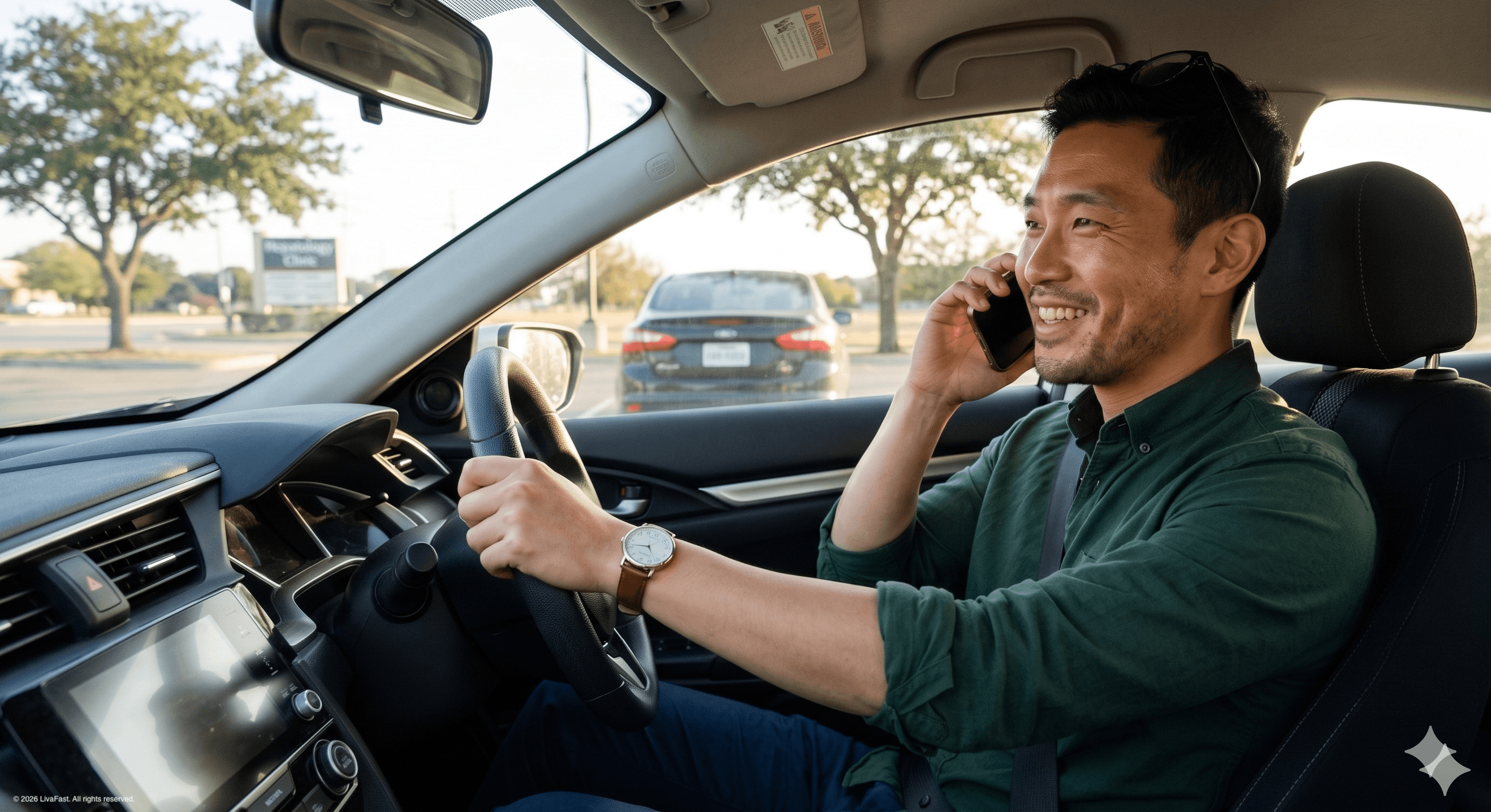 Mark in the driver's seat of his silver Honda Civic in the clinic parking lot, phone to his ear, smiling quietly as he tells Priya the appointment went well.