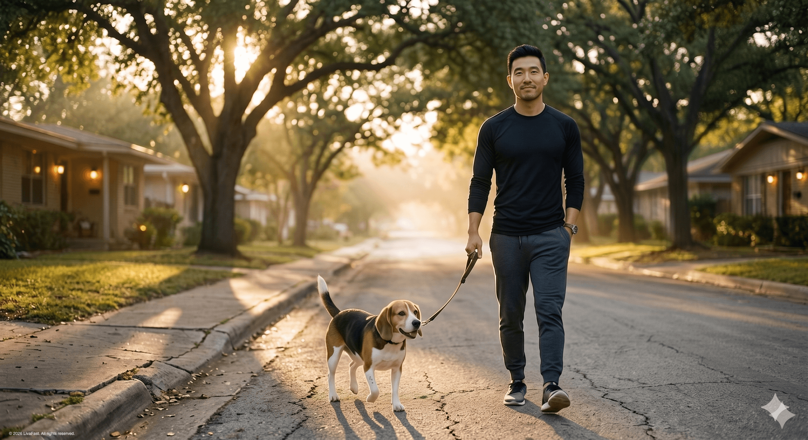 Mark in athletic clothes walking Biscuit at sunrise on an Austin sidewalk under arching live oaks, the easy ritual of a healed body.