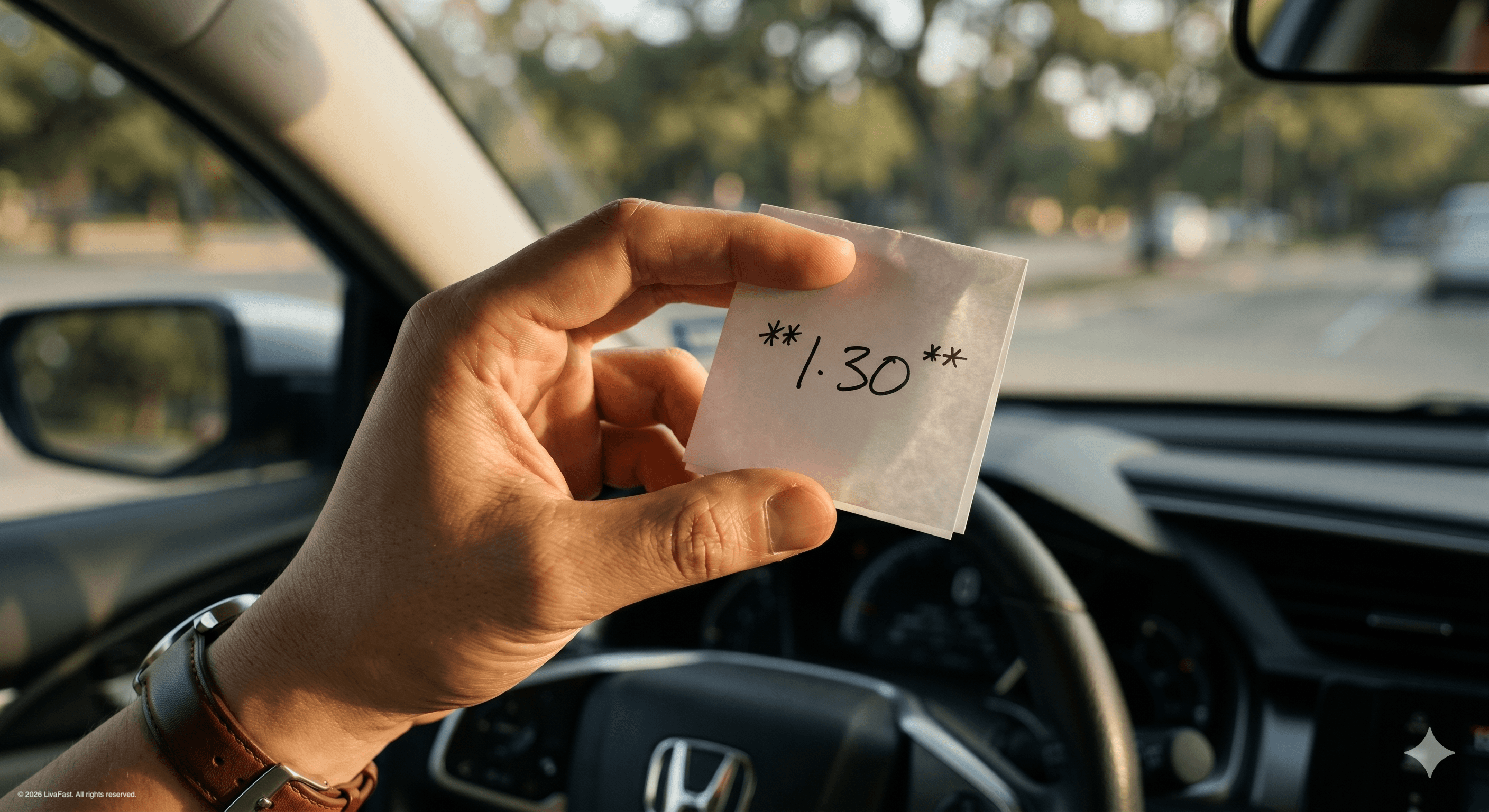 Macro close-up of Mark's hand inside his silver Honda Civic, holding a folded prescription notepad page handwritten with the FIB-4 threshold number 1.30 in late-afternoon Austin light.