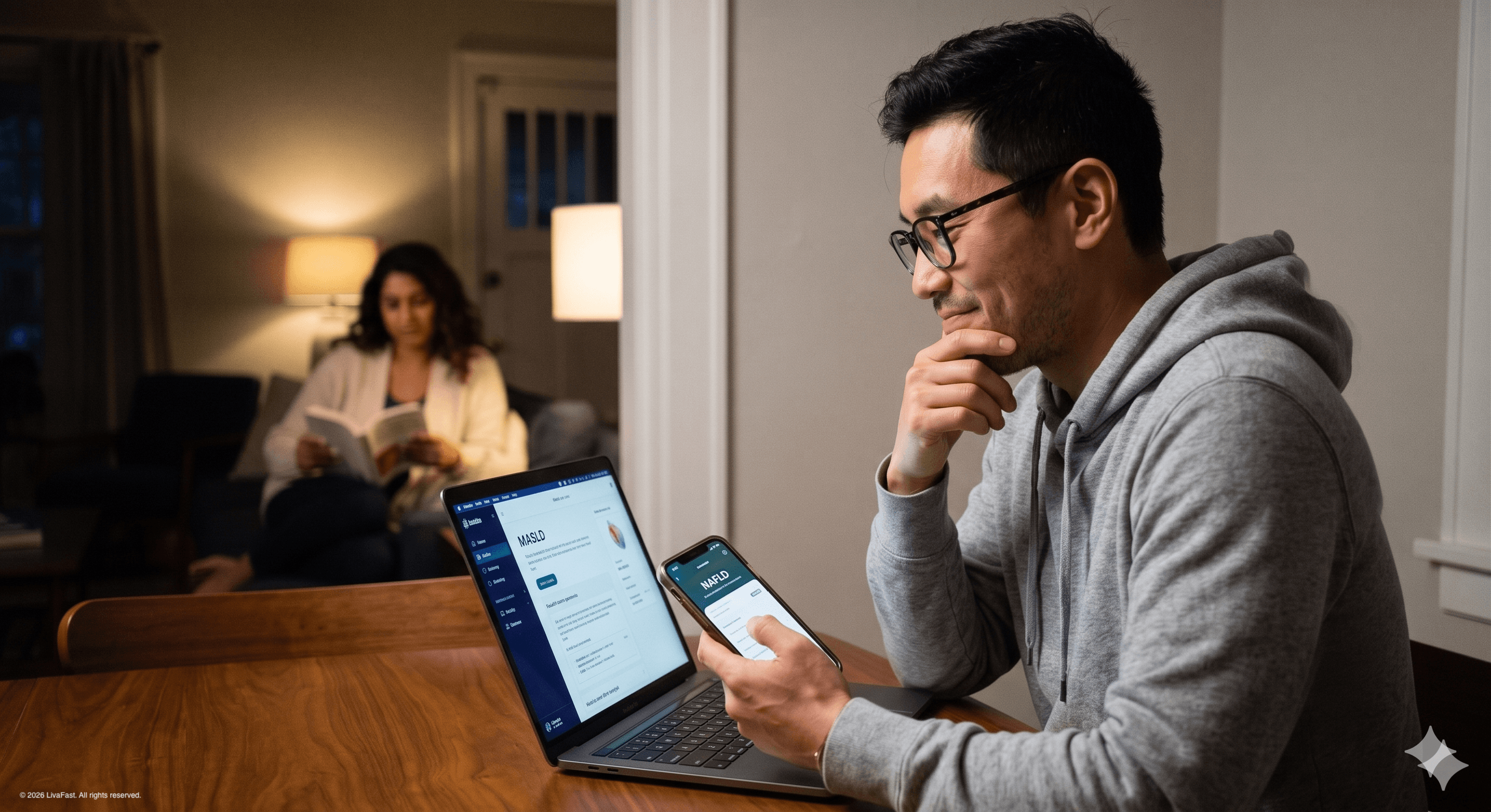 Mark at the dining table at night, comparing a modern MASLD liver-tracking app on his laptop with an outdated NAFLD app on his phone.