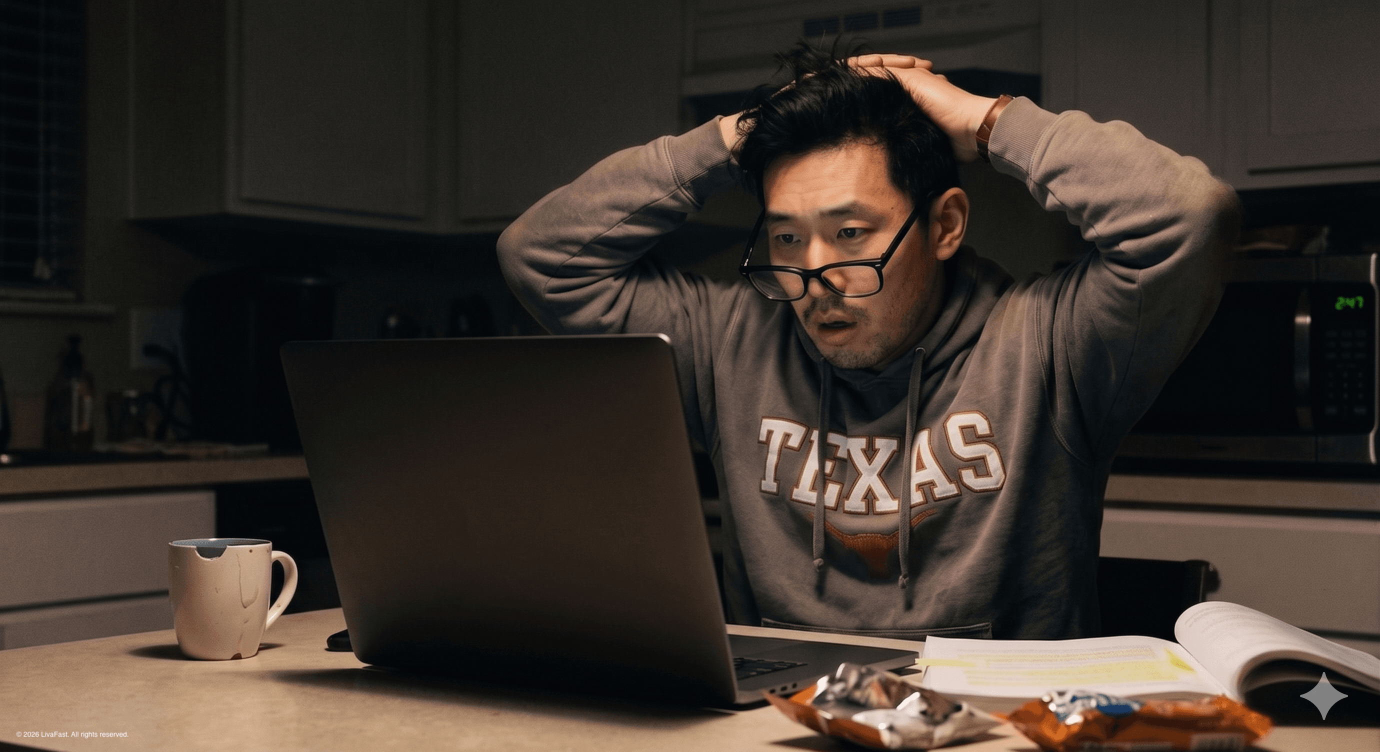 Mark leaning back at his dark kitchen table at 2:47 AM, hands behind his head, eyes locked on a laptop screen showing TREATY-FLD trial tabs and a metabolism diagram.