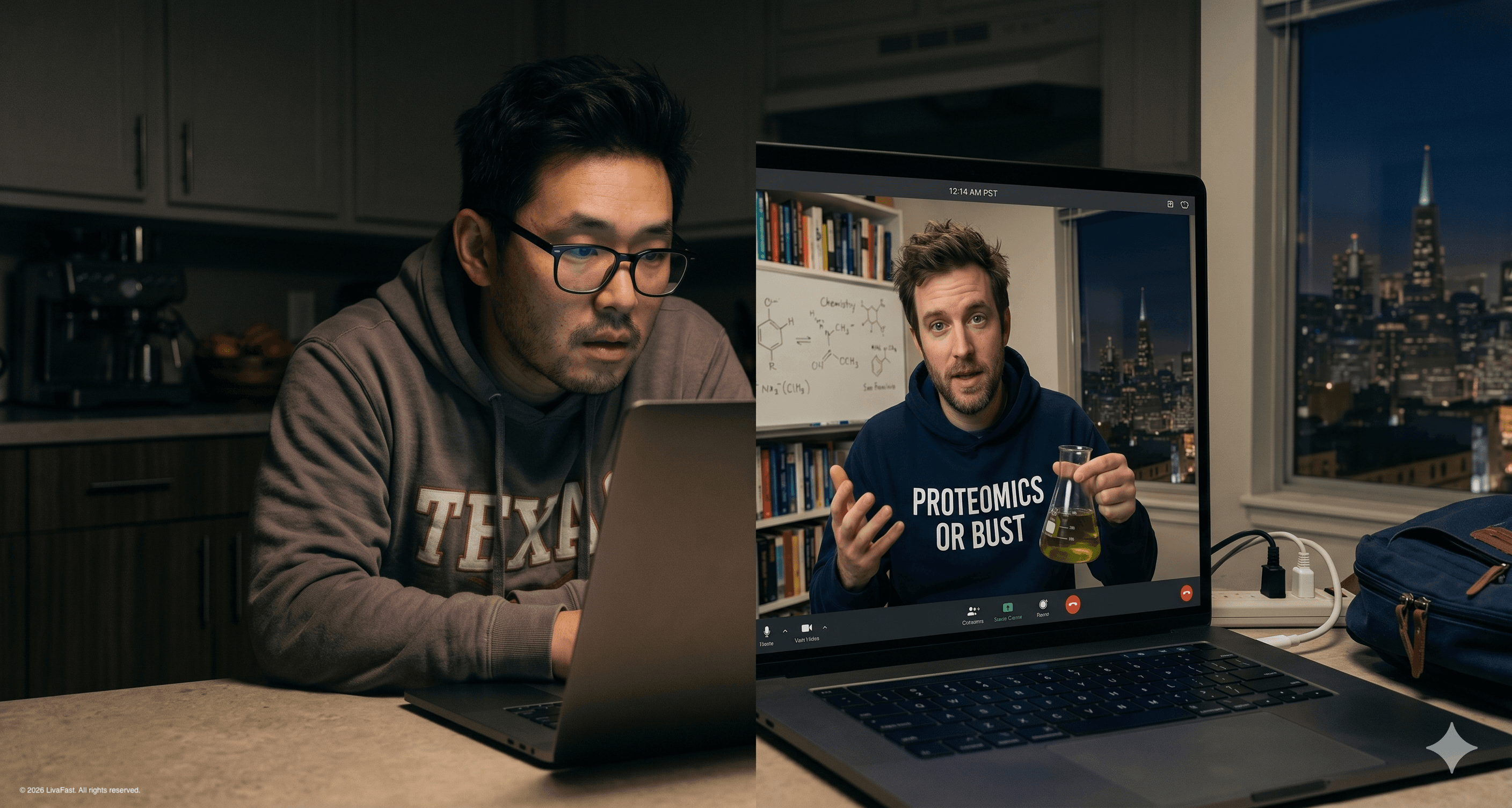 Mark on a 3 AM video call in his dark Austin kitchen with Dave in San Francisco, who wears a 'PROTEOMICS OR BUST' hoodie and holds a beaker of green tea.