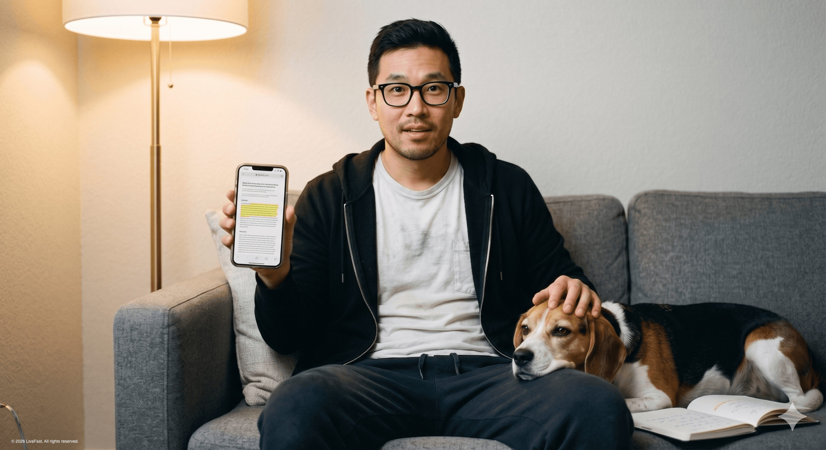 Mark on his sofa in the evening, Biscuit's head resting on his thigh, reading a highlighted research abstract on his phone with a quiet, relieved smile.