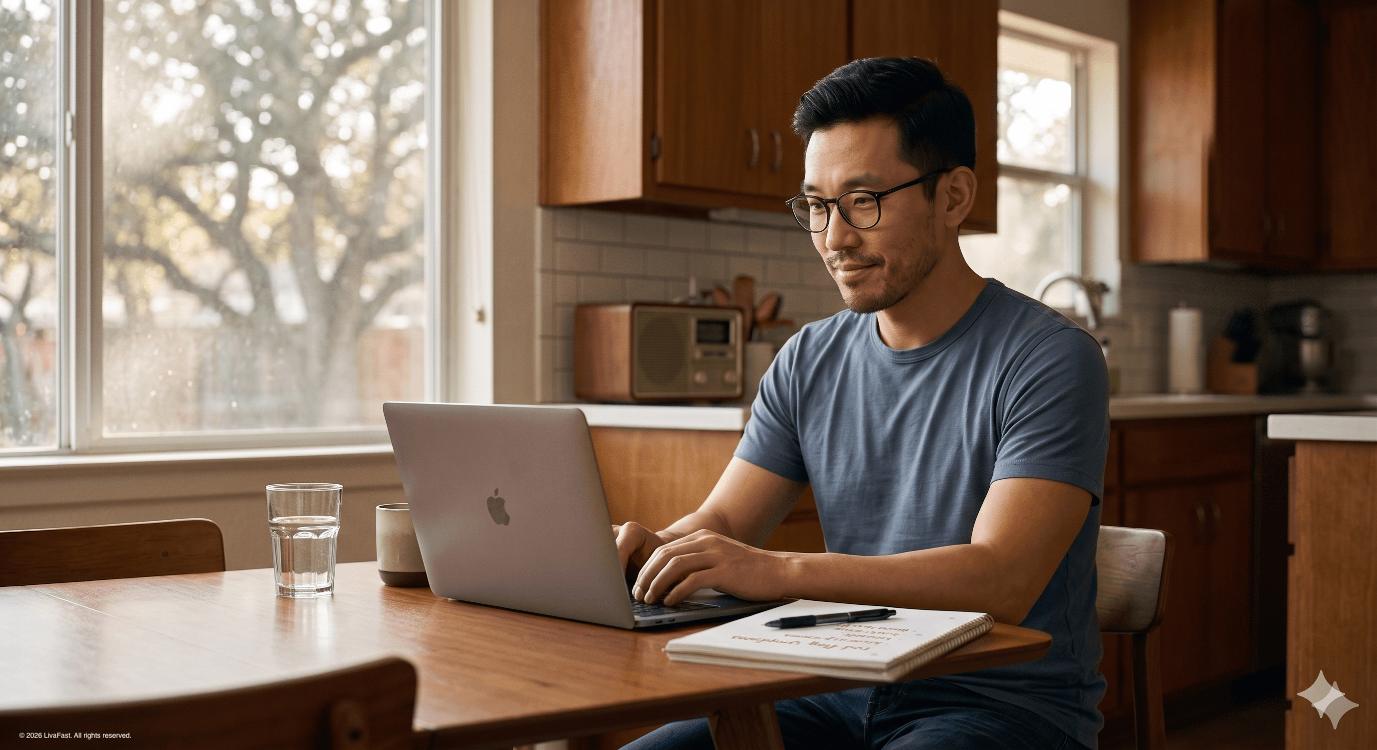 Mark at the wooden kitchen table in warm afternoon light, drafting his Safety Framework on a MacBook with two columns labeled Safe For Me and Would Make Fasting Unsafe.